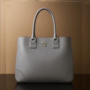 NEW Tory Burch Robinson Mercury Gray Glossy Saffiano Leather Large NS Tote Bag